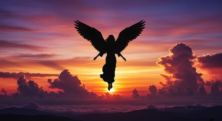 Silhouetted angel flying in a colorful sunset sky, dramatic clouds and glowing light
