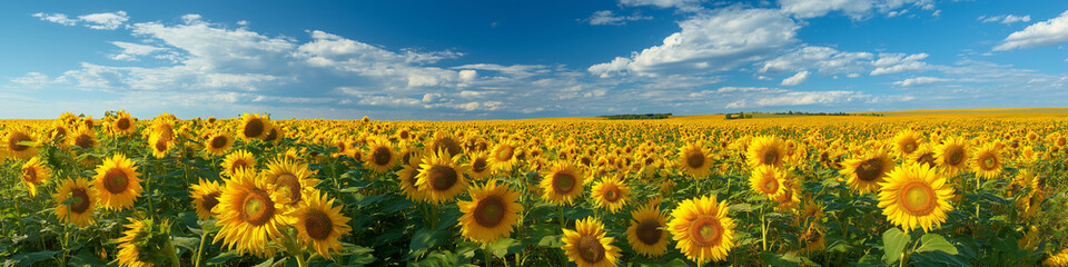 Fototapeta premium Sunflower field under a bright blue sky with fluffy clouds on a sunny day in late summer
