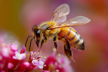 Close-up of a bee pollinating vibrant flowers in a garden during springtime