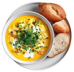 Traditional paraguayan sopa paraguaya served in a bowl with bread isolated on a clean white background for dining.