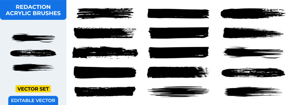 Redaction Acrylic Brush Strokes Vector Set - Grunge Ink Paint Smears, Modern Artistic Textured Elements for Design Projects, Editable Abstract Black Stroke Collection