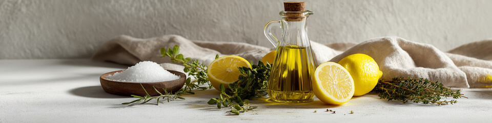 Fresh lemons and olive oil arranged with herbs for a flavorful culinary display