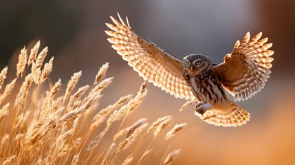 Owl landing in golden grass at dusk