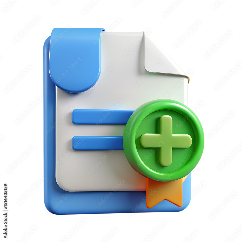 Poster a rendered 3d plastic-style icon of a document with a plus sign representing adding or including dat