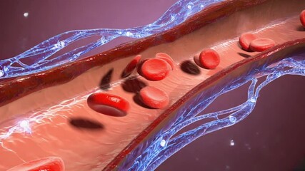 Detailed 3D red blood cells human brain’s micro capillaries, brain vessel pathways, glowing neuron pulses walls, moody textures, seamless cinematic loop, science health visuals neural aesthetic - Powered by Adobe