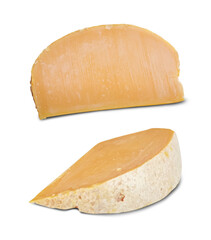 Two wedges of aged Gouda cheese with hard texture and natural rind isolated on background, perfect for gourmet food packaging or culinary presentations.

