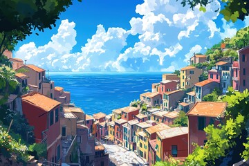 Colorful Cityscape with Blue Sea and Clear Sky on a Summer Holiday Vacation

