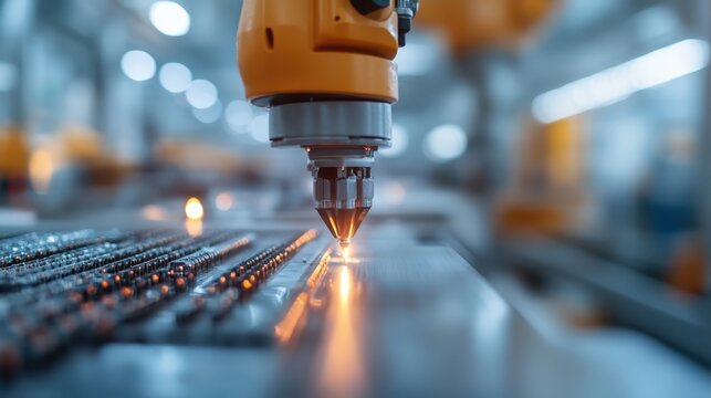 An advanced robotic arm carefully focuses on welding metal with precision, showcasing the intersection of technology and craftsmanship in contemporary manufacturing methods.