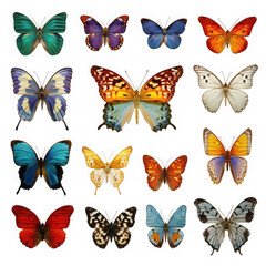 Collection of sixteen vibrant butterflies isolated on transparent background