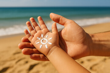 Tiny Hands, Big Message: Sunscreen Sun Art on a Child’s Hand as a Reminder of Summer Wellness, Skin Protection, and Cancer Prevention.







