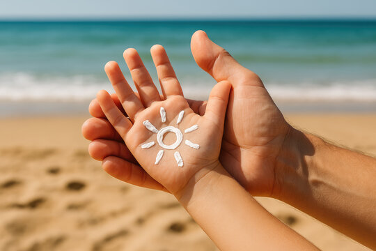 Tiny Hands, Big Message: Sunscreen Sun Art on a Child’s Hand as a Reminder of Summer Wellness, Skin Protection, and Cancer Prevention.







