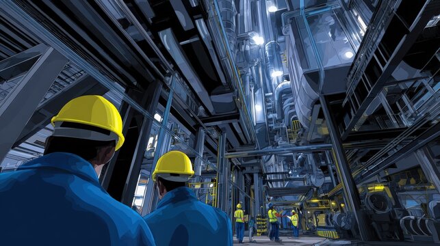 Engineers performing maintenance in factory..