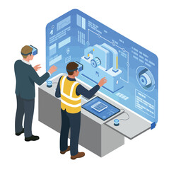 Two professionals experiencing virtual reality interface for industrial equipment management and operations