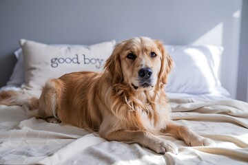 Obraz premium Golden retriever dog relaxing on a bed