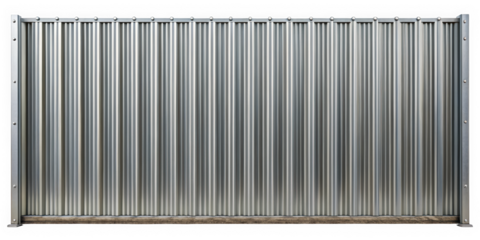 A tall, metallic fence showcases a sleek, industrial design with vertical ribbing. The silver surface reflects light, creating a modern and robust appearance.