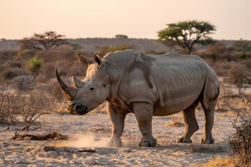 Fototapeta premium White rhinoceros walking in african savanna at sunset