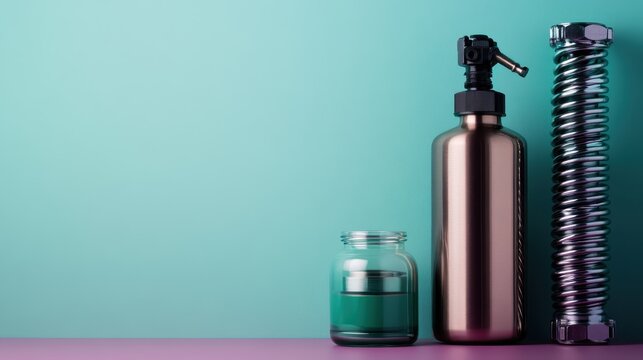 A stylish arrangement of modern kitchen essentials including a sleek metal bottle and a plant, showcasing minimalist design against an appealing pastel backdrop.