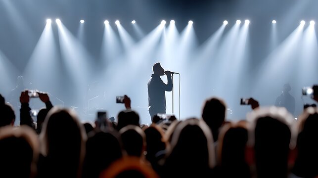 Performer on stage in spotlight with cheering crowd at concert