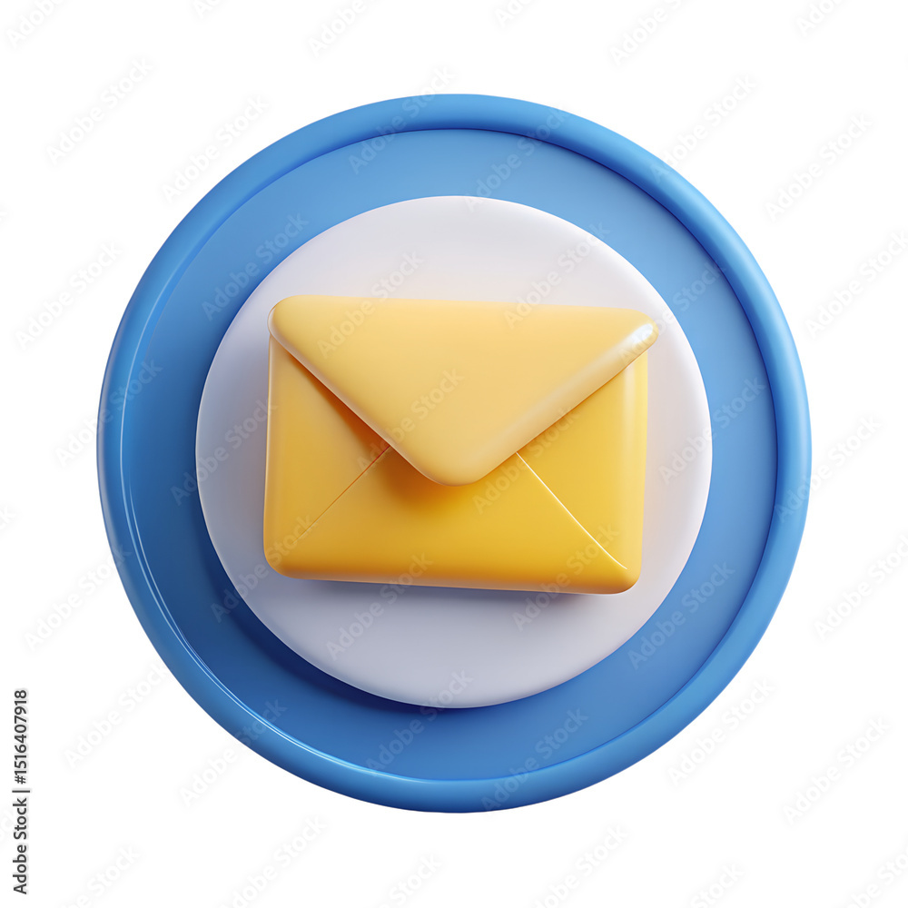 Poster a vibrant 3d rendering of a yellow envelope icon within circular layered shapes representing communi