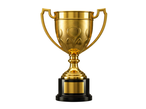 A polished golden trophy cup radiating prestige and success, flawlessly isolated on a transparent background, ideal for recognizing top achievements, celebrating winners, and enhancing award or compet
