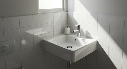 Fototapeta premium Modern bathroom sink with minimalistic design and natural light 