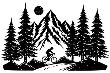Obraz premium Mountain Biker Silhouette Against a Forest Background