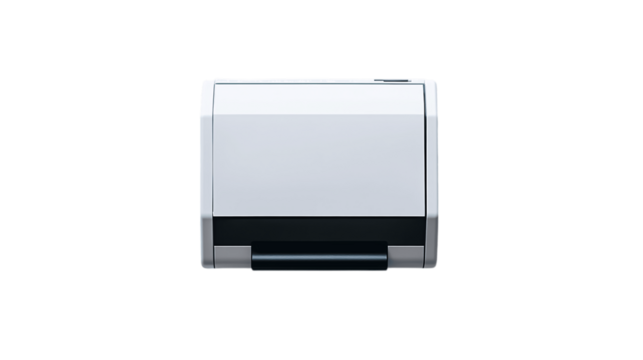 A high-resolution image of a single receipt printer, centered in the frame, white background --ar 16:9