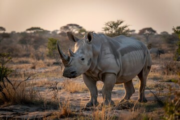 Fototapeta premium White rhinoceros in african savanna at sunset