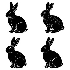 Obraz premium Four black silhouette rabbits in various poses against a white background, simple and elegant design style