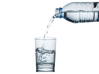 Crystal-clear water dynamically pouring out of a plastic bottle, frozen in motion against a transparent PNG background — ideal for high-impact hydration visuals, healthy living themes, advertising des