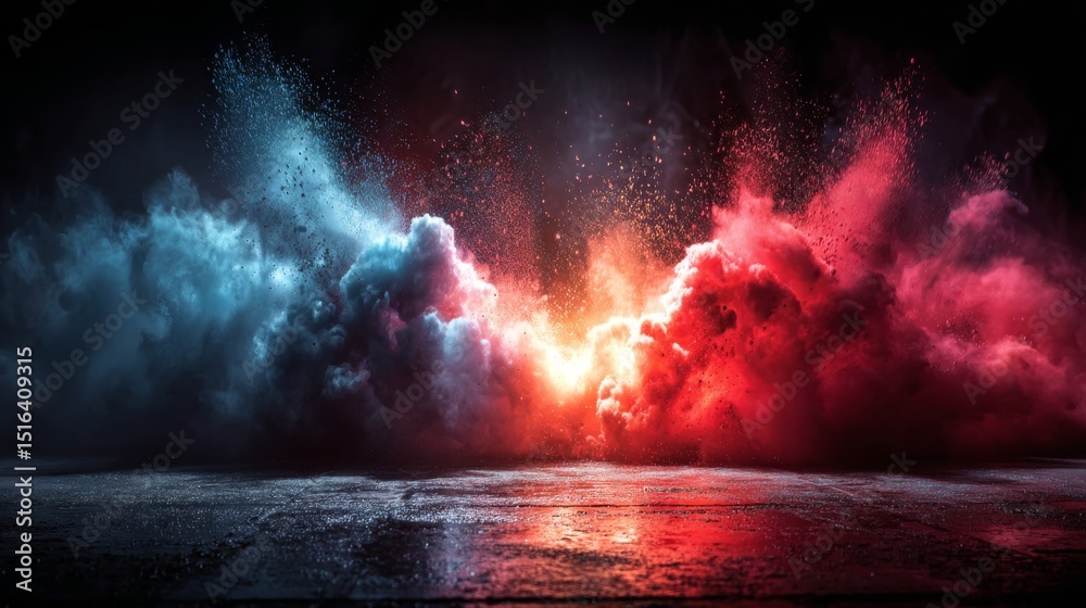 Poster vibrant stage smoke performance creates a captivating atmosphere with bold red and blue hues enhanci