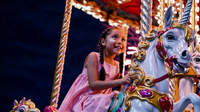 Girl with braids rides glowing unicorn, fireworks lighting night sky. Joyful fair moment for happy child. Carousel spins with lights and fun. Joy child carousel. Fun lights ride. Child smile fair.