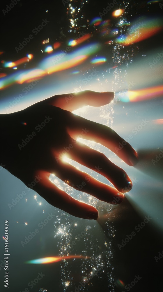 Aufkleber Exploring the Ethereal Connection Between Light and Touch as Fingers Break Through a Shimmering Barrier, Creating a Mesmerizing Interaction With the Cosmos