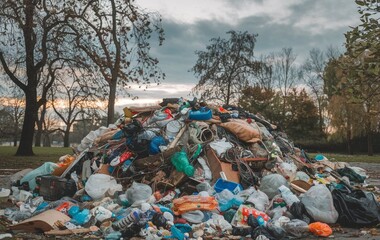 A large pile of garbage in the park, Trash in the park, Environmental pollution