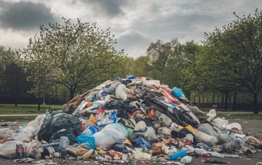 A large pile of garbage in the park, Trash in the park, Environmental pollution