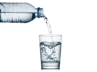 Crystal-clear water dynamically pouring out of a plastic bottle, frozen in motion against a transparent PNG background — ideal for high-impact hydration visuals, healthy living themes, advertising des