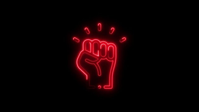 Dynamic neon red fist symbol against a black background for power and strength