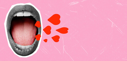 Creative expression through mouth art with hearts on a soft pink background