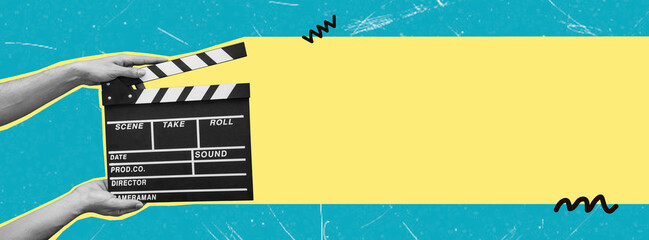Movie clapboard used in production during a colorful and creative filming session in a studio setting, art collage.