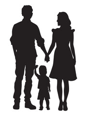 Family portrait in silhouette style: mother, father, and child holding hands. silhouette