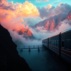 Train Journey Through Misty Mountains at Sunset