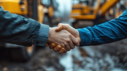 Close-up shot of two men shaking hands in a business deal, construction site background.