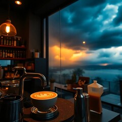Latte Art Coffee with Dramatic Sunset View.