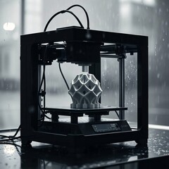 3D Printer Creating Geometric Object in Rainy Window Setting