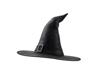 A spooky yet stylish black witch hat featuring a tall pointed crown, a long tail, and a wide brim with a classic decorative buckle—perfectly isolated on a transparent PNG background for Halloween cost