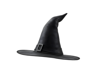 A spooky yet stylish black witch hat featuring a tall pointed crown, a long tail, and a wide brim with a classic decorative buckle—perfectly isolated on a transparent PNG background for Halloween cost