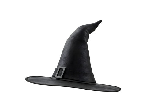 A spooky yet stylish black witch hat featuring a tall pointed crown, a long tail, and a wide brim with a classic decorative buckle—perfectly isolated on a transparent PNG background for Halloween cost