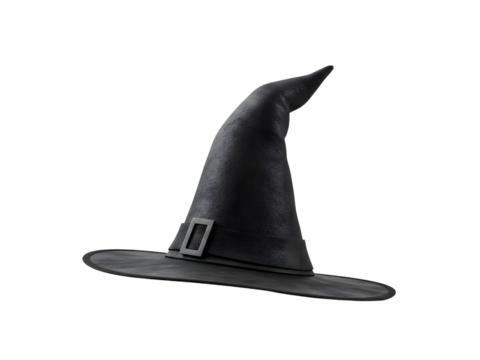 A spooky yet stylish black witch hat featuring a tall pointed crown, a long tail, and a wide brim with a classic decorative buckle—perfectly isolated on a transparent PNG background for Halloween cost