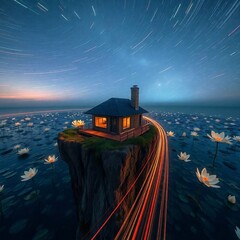 Secluded Lakeside Cabin Under Starry Sky.