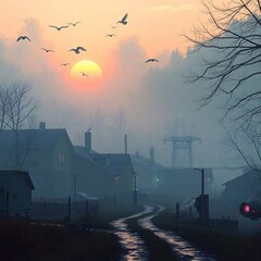 Misty Village Sunrise.